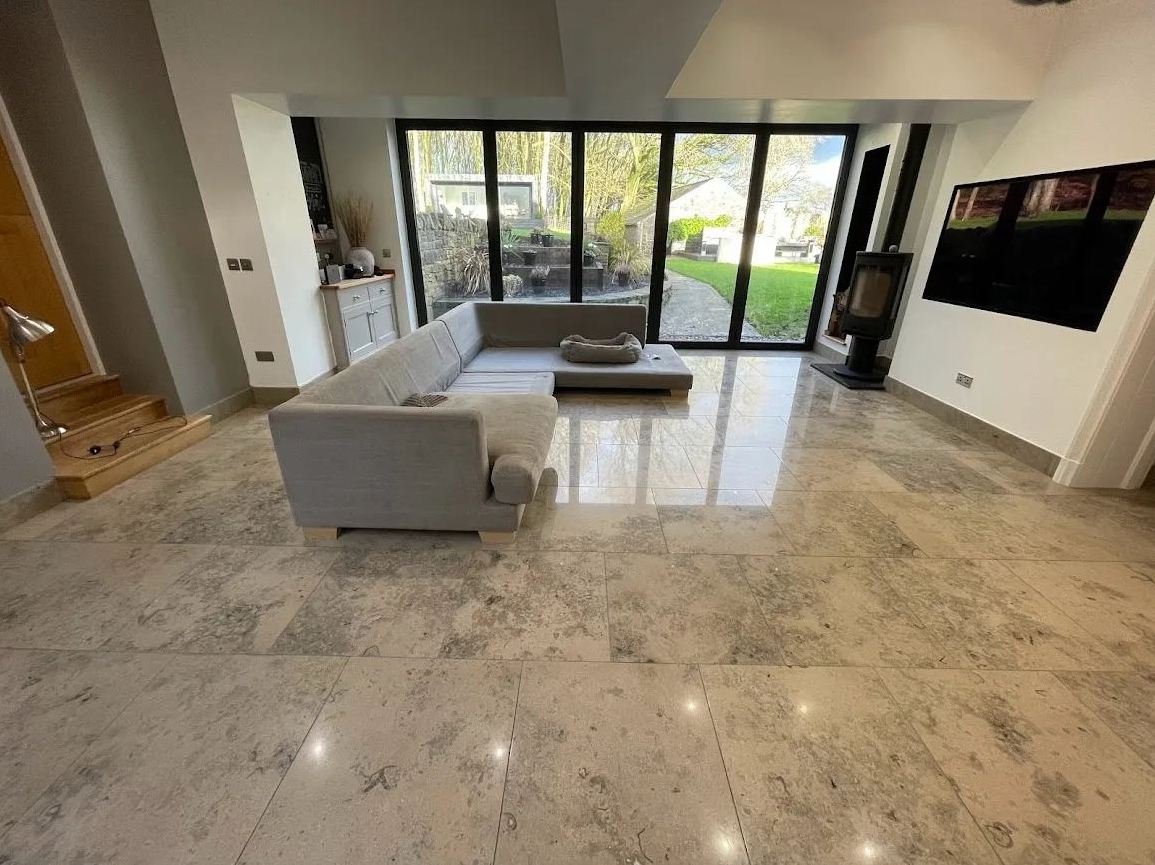 Polished limestone in an open-plan living space